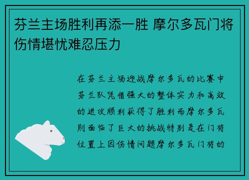 芬兰主场胜利再添一胜 摩尔多瓦门将伤情堪忧难忍压力