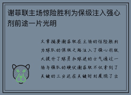 谢菲联主场惊险胜利为保级注入强心剂前途一片光明