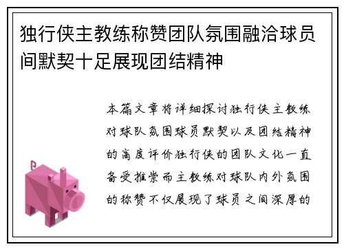 独行侠主教练称赞团队氛围融洽球员间默契十足展现团结精神