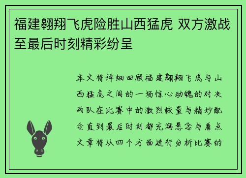 福建翱翔飞虎险胜山西猛虎 双方激战至最后时刻精彩纷呈