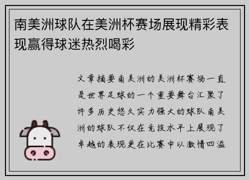 南美洲球队在美洲杯赛场展现精彩表现赢得球迷热烈喝彩
