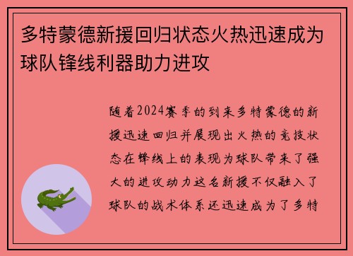 多特蒙德新援回归状态火热迅速成为球队锋线利器助力进攻