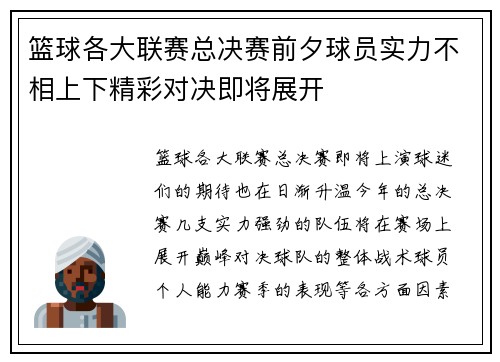 篮球各大联赛总决赛前夕球员实力不相上下精彩对决即将展开