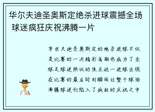 华尔夫迪圣奥斯定绝杀进球震撼全场 球迷疯狂庆祝沸腾一片